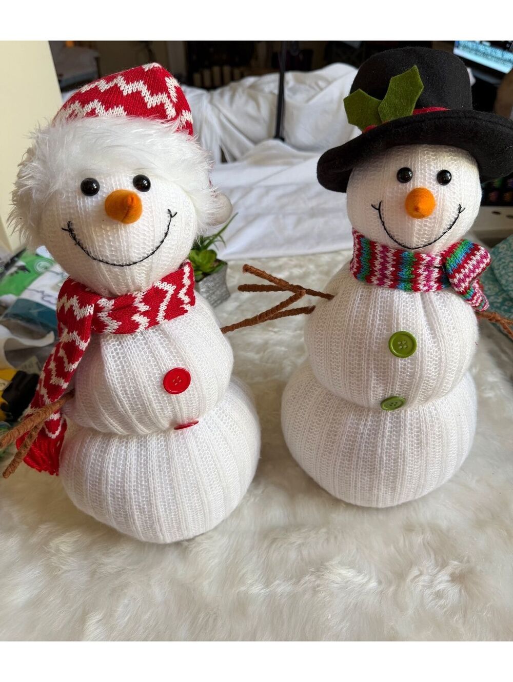 Set of 2 Cute Knit Snowman Christmas Decorations with Hats